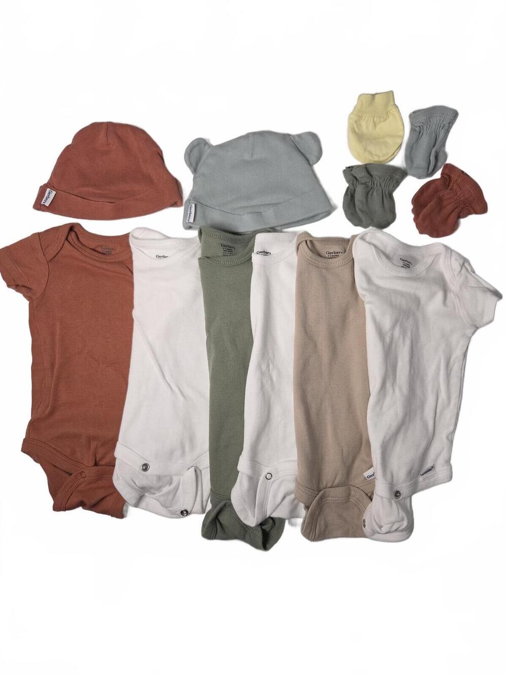 Gerber Baby Bodysuits and Caps Set - Neutral Colors, Size 0-3 Months